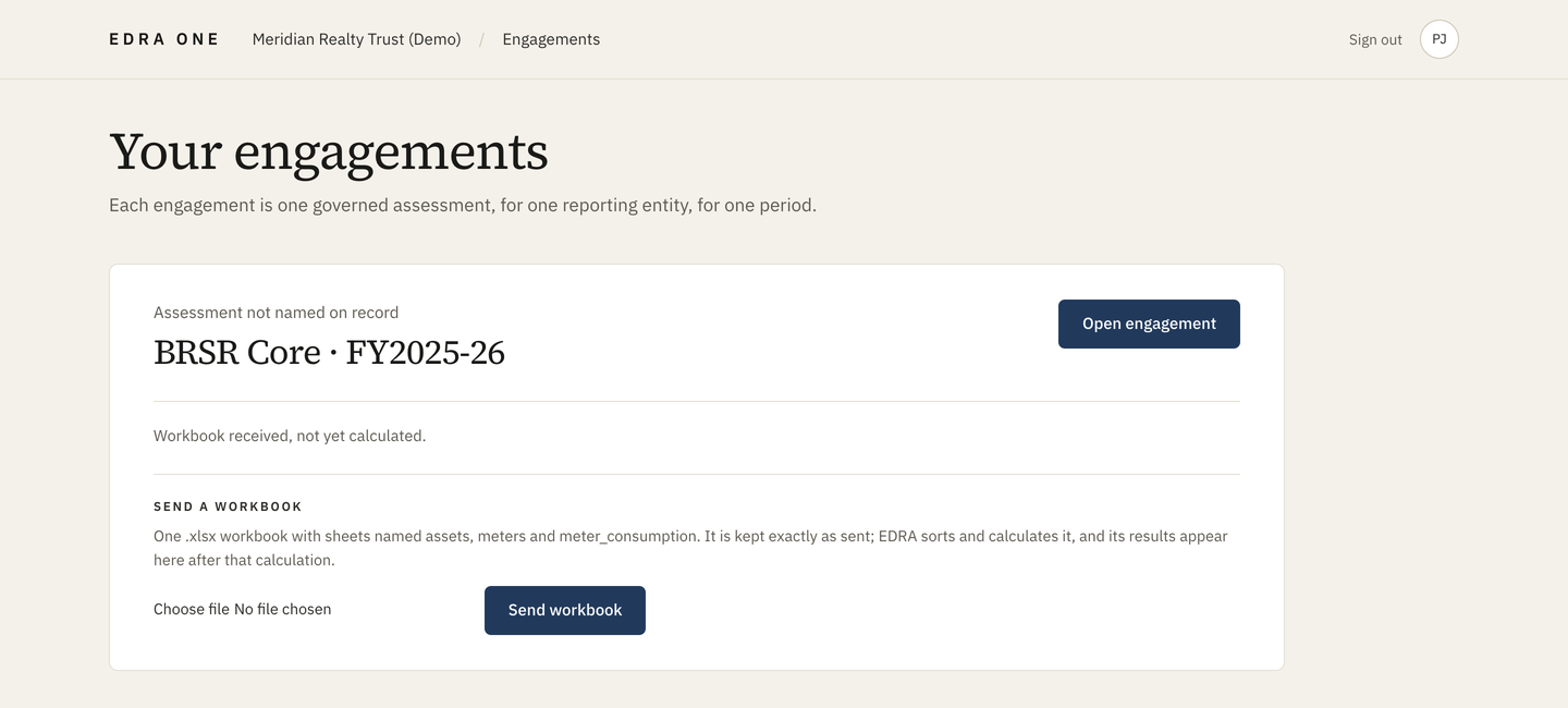 Engagements page with a workbook received and not yet calculated