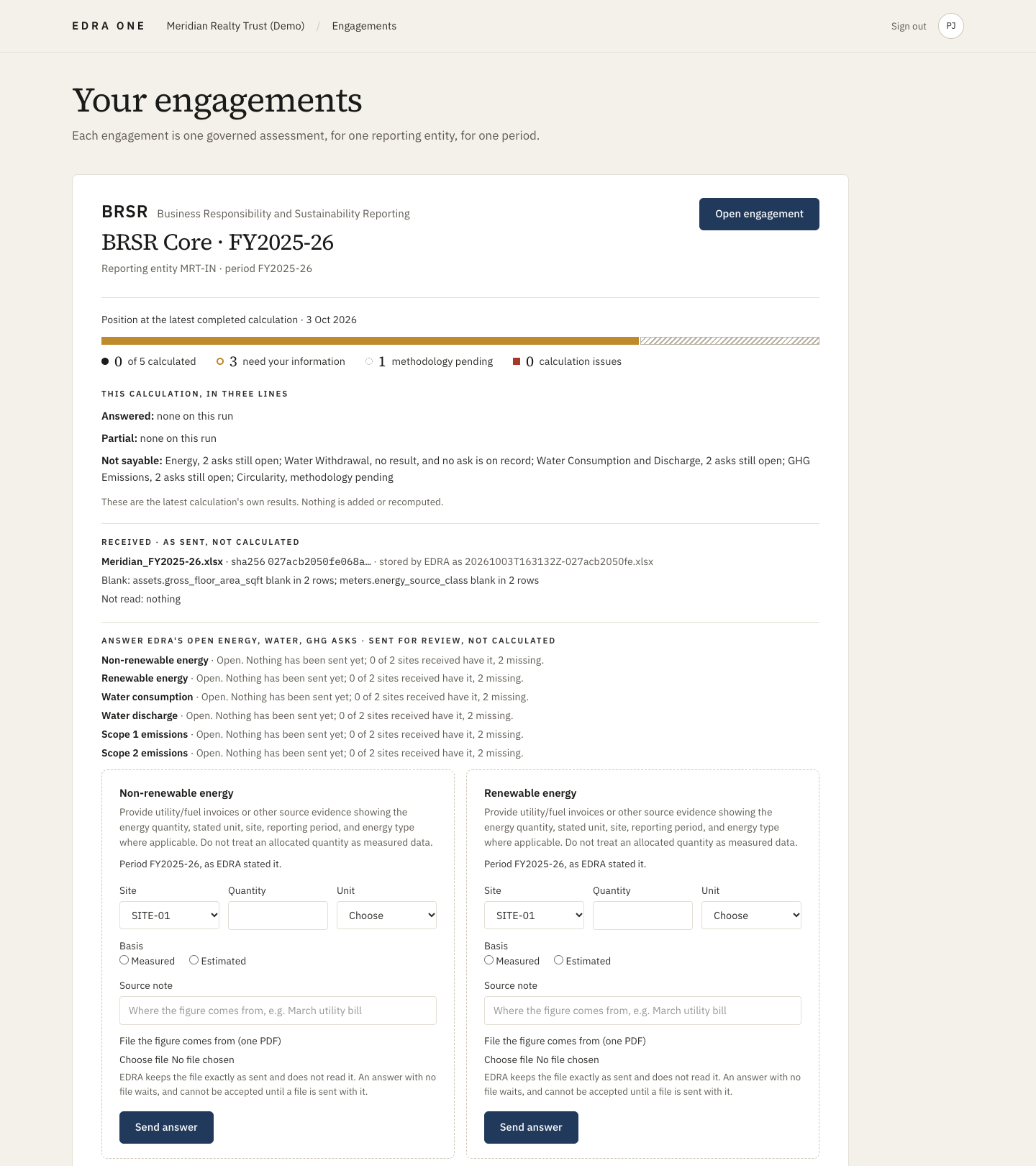 Engagements page after the first calculation, with open asks to answer